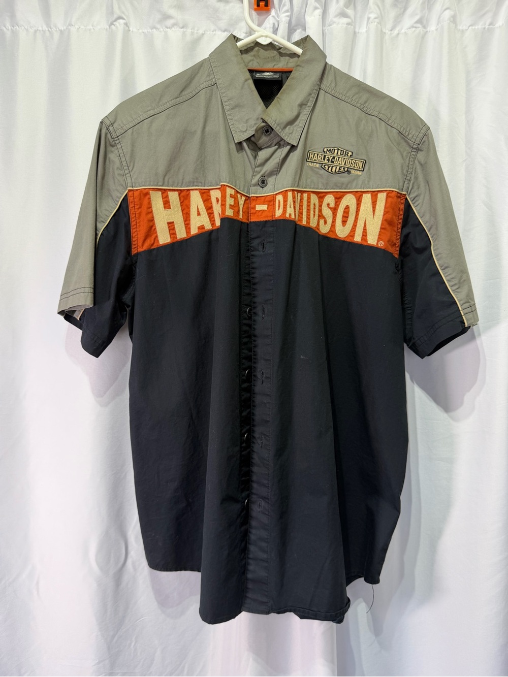 Harley-Davidson Two-Tone Short Sleeve Button Up Shirt - Black, Gray & Orange